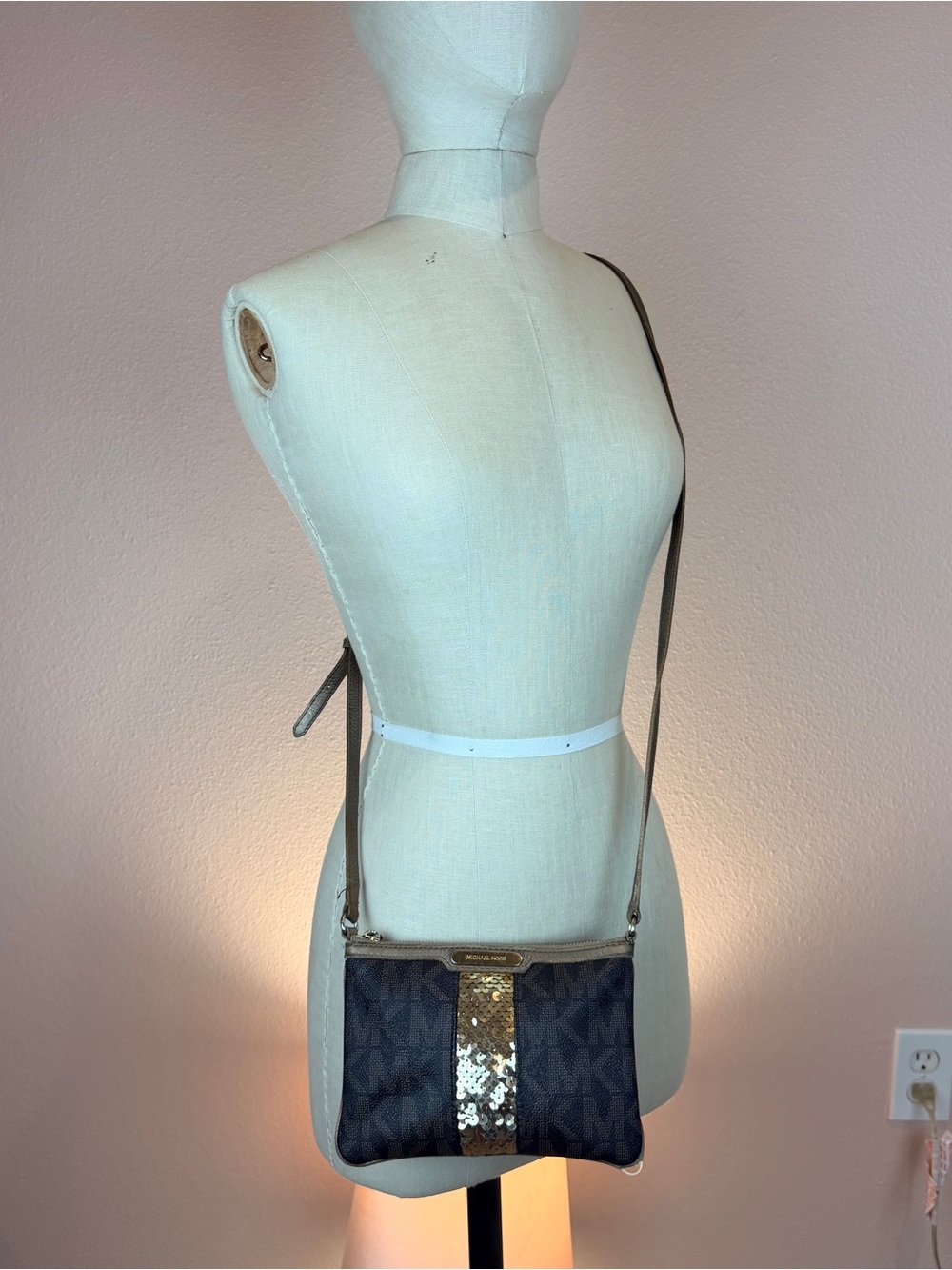 Michael Kors Brown Logo Crossbody with Gold Sequin Center Stripe